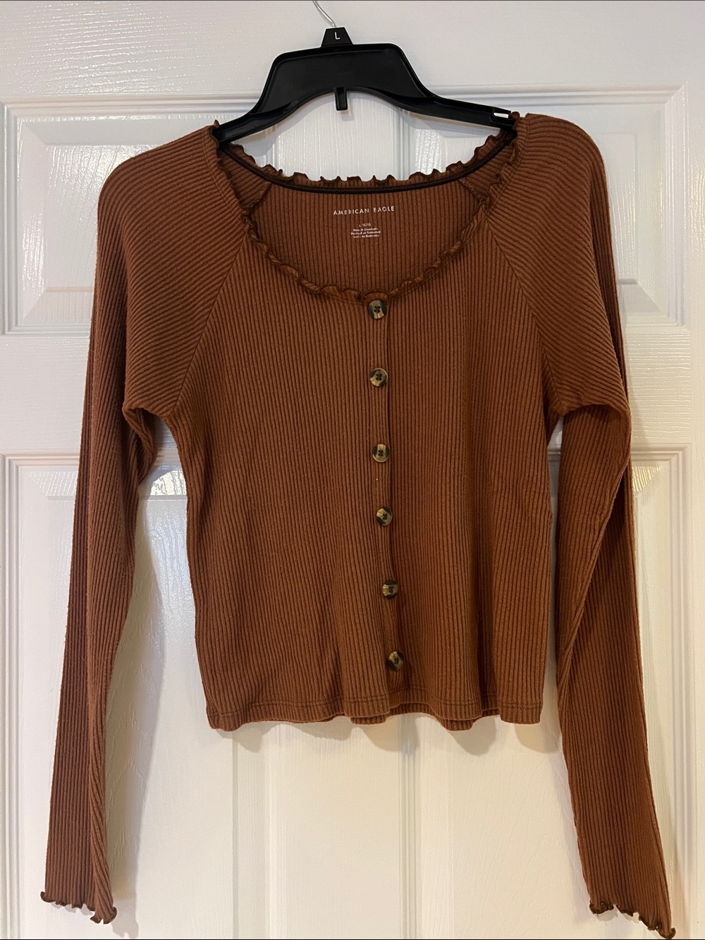 American Eagle Outfitters Rust Brown Ribbed Button-Front Long Sleeve Top